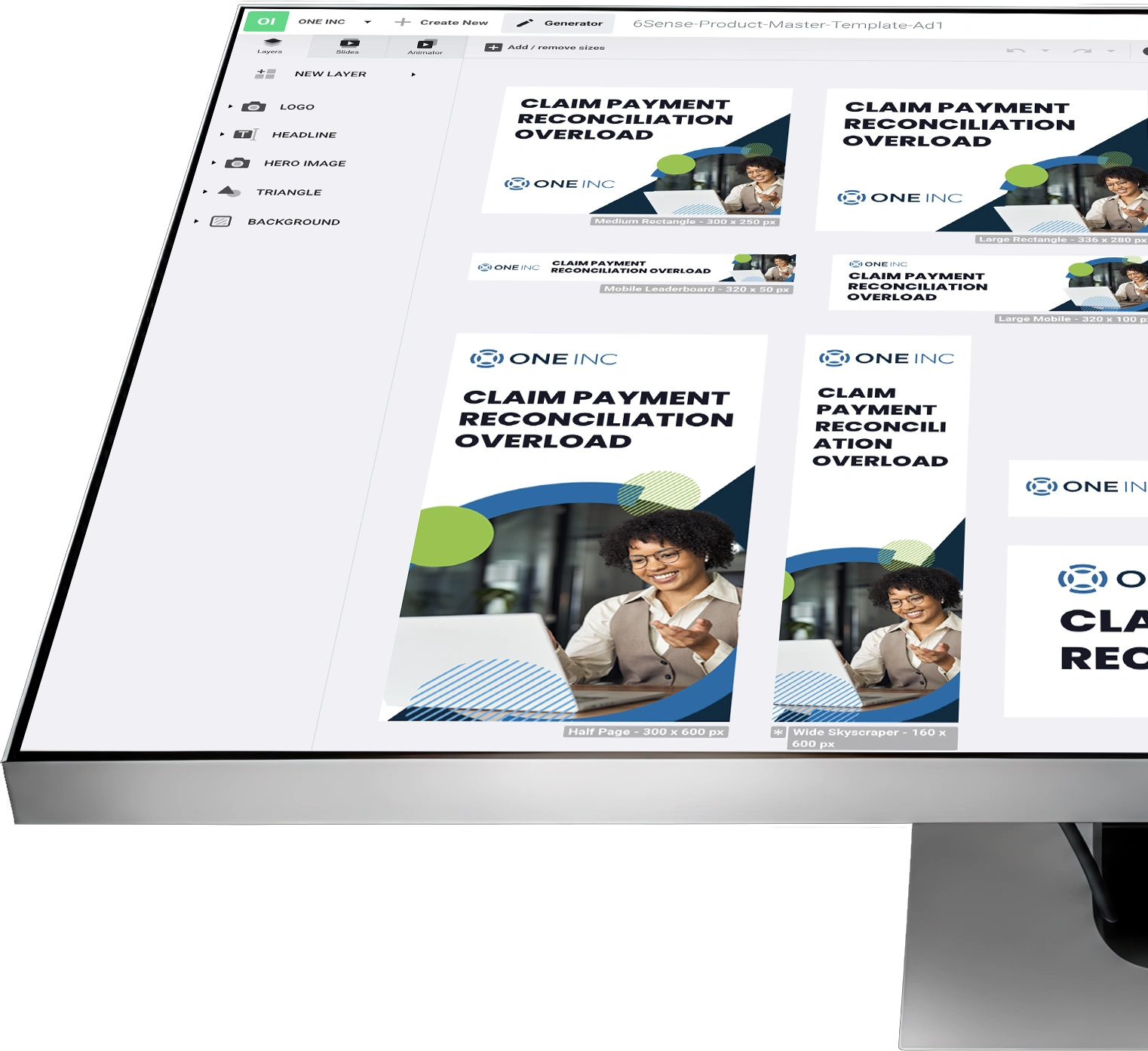 Bannersnack animation system and reusable One Inc creative layouts on a monitor