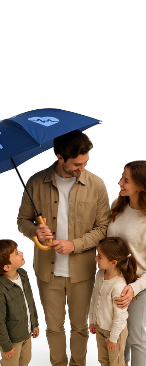 Family protected beneath an umbrella
