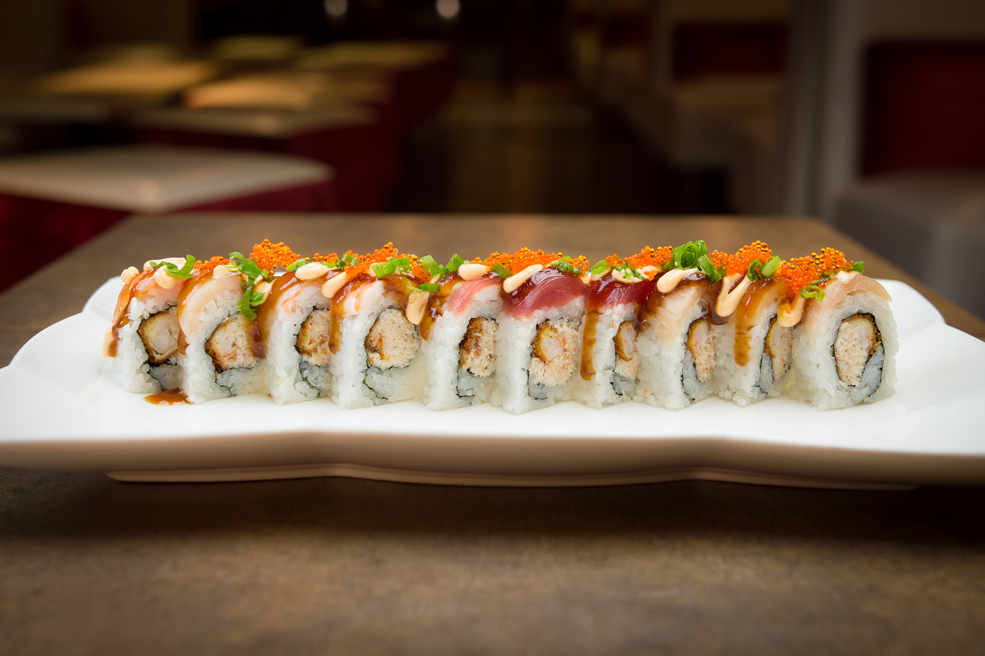 Commercial food photography of a sushi roll